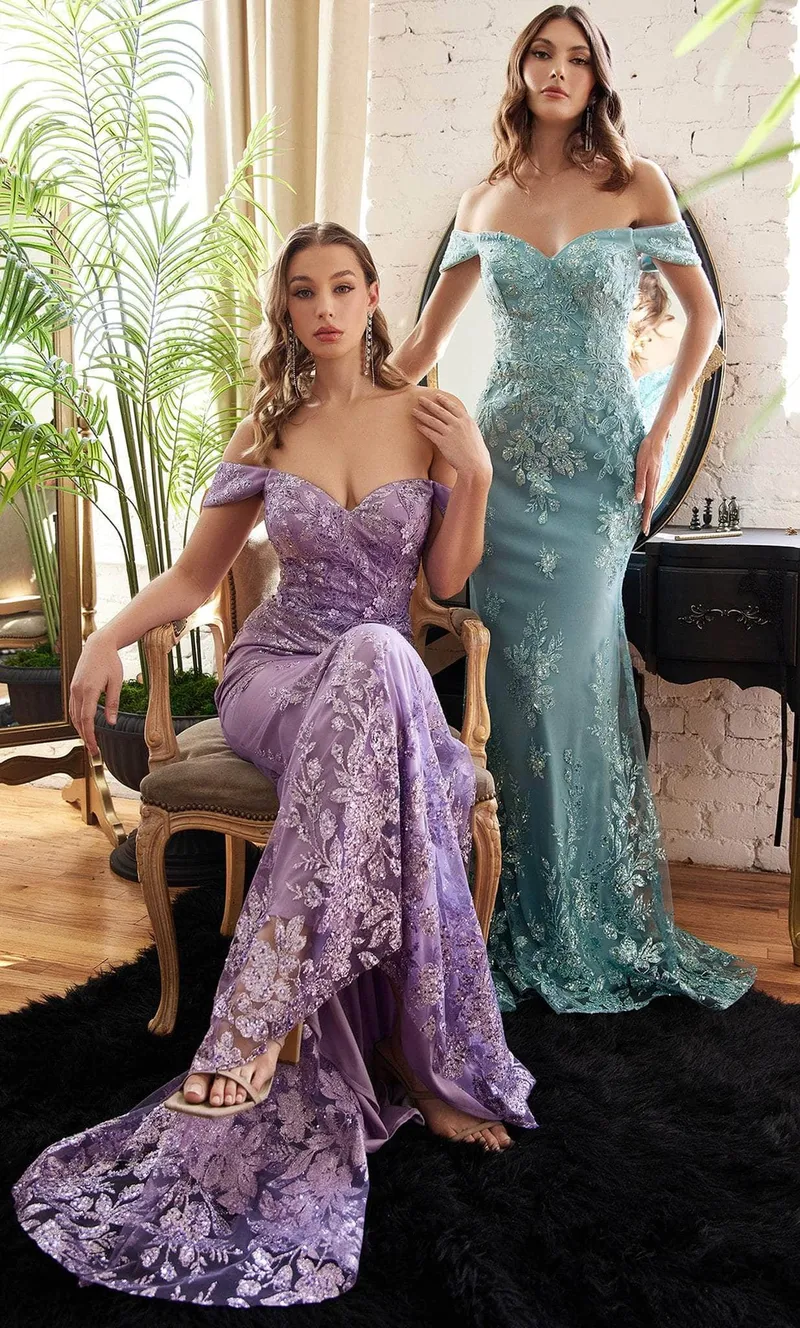 Vestido de Gala Off Shoulder decorado con apliques de Glitter y Cristales, falda corte Sirena con cola y corset ajustable