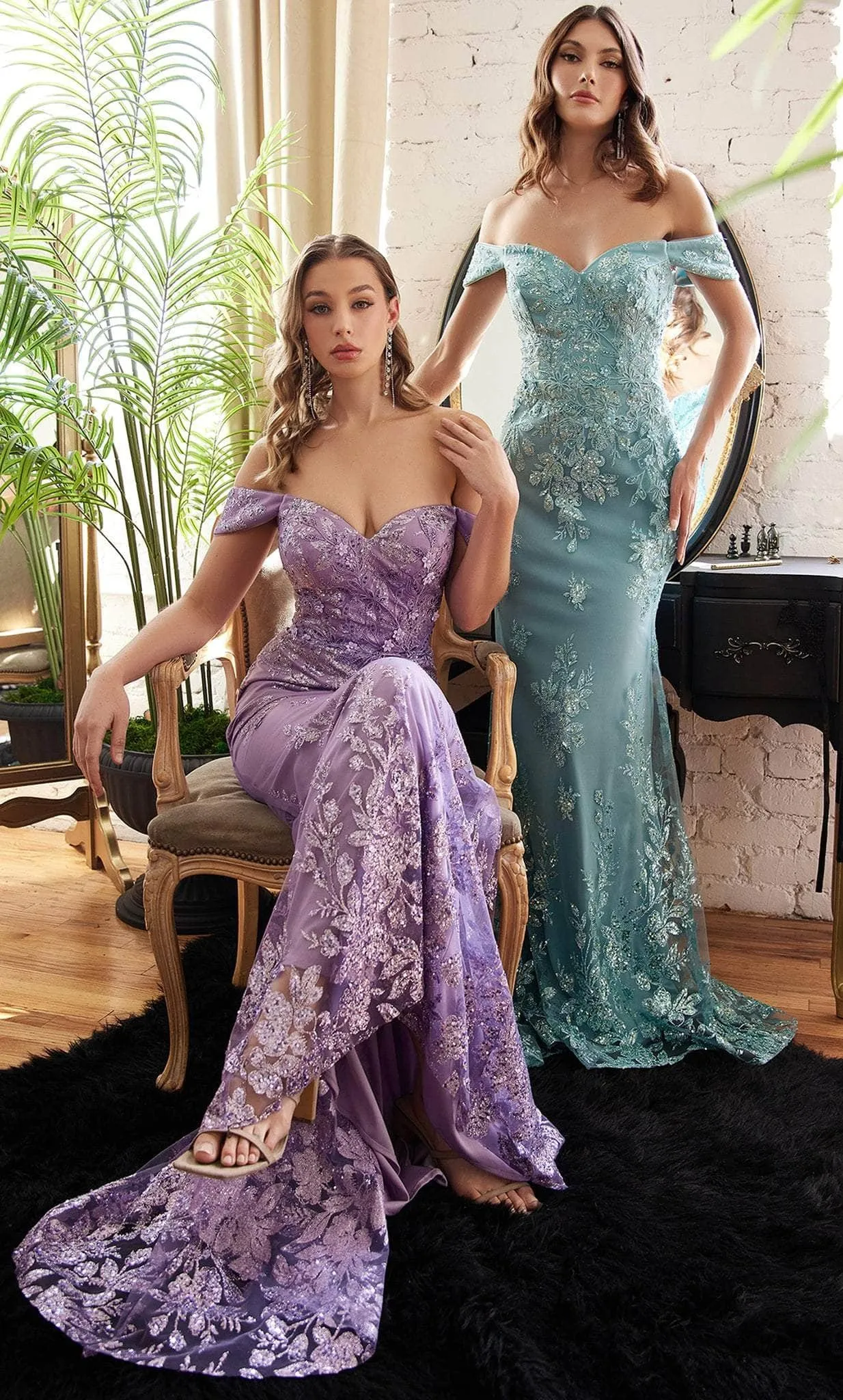 Vestido de Gala Off Shoulder decorado con apliques de Glitter y Cristales, falda corte Sirena con cola y corset ajustable
