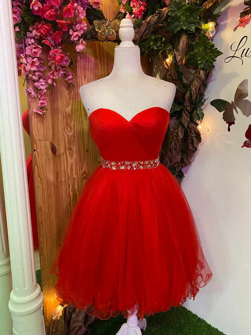 Vestido de Quinceañera corto Strapless con decoraciones de Pedreria en cintura y falda corte A de Vuelos
