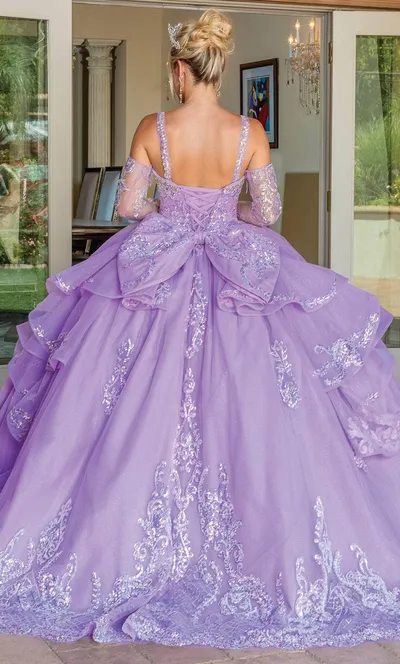 Vestido de 15 años color Lila Off-Shoulder manga larga semi-transparente decorado con apliques y falda corte princesa