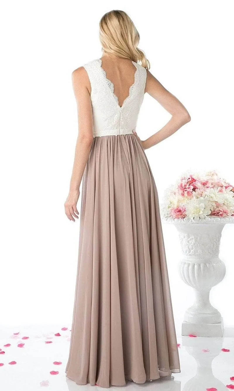 Vestido de Gala cuello en V con apluques en Top y falda corte A