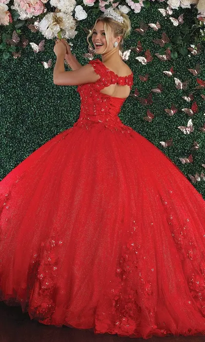 Vestido de 15 años Off Shoulder estilo corset decorado con flores en 3D