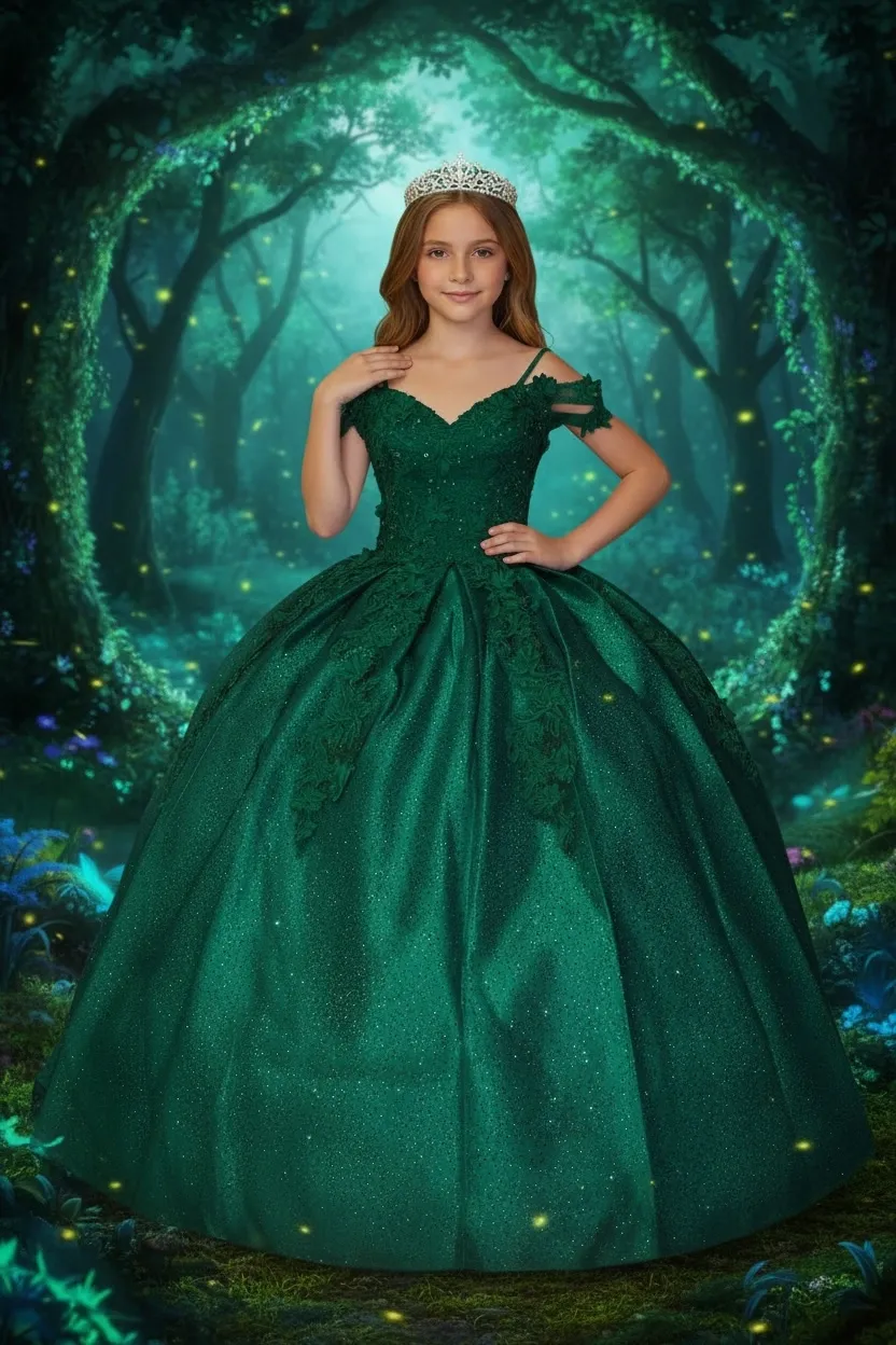 Vestido Petit corte princesa Off Shoulder en tela de Glitter decorado con apliques de Flores en 3D