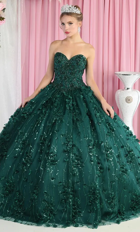 Vestido de 15 años Strapless decorado con pedreria en Top, Glitter y flores en 3D, falda corte princesa