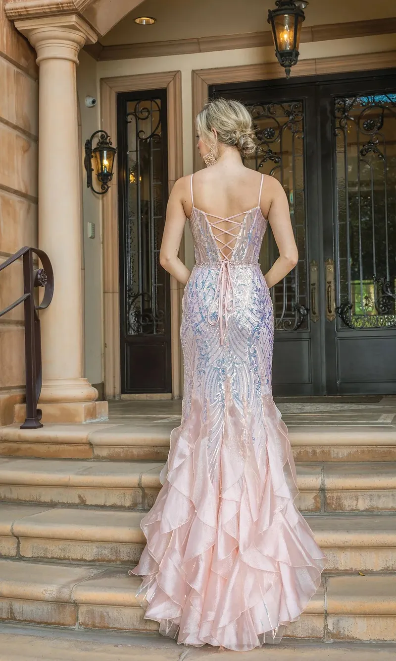Vestido de Gala de tiras frontales decorado con microlentejuelas, falda corte sirena con Tull