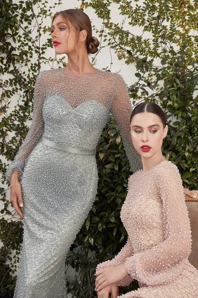 Vestido de Gala manga larga color Gris oscuro con transparecia decorado con Perlas
