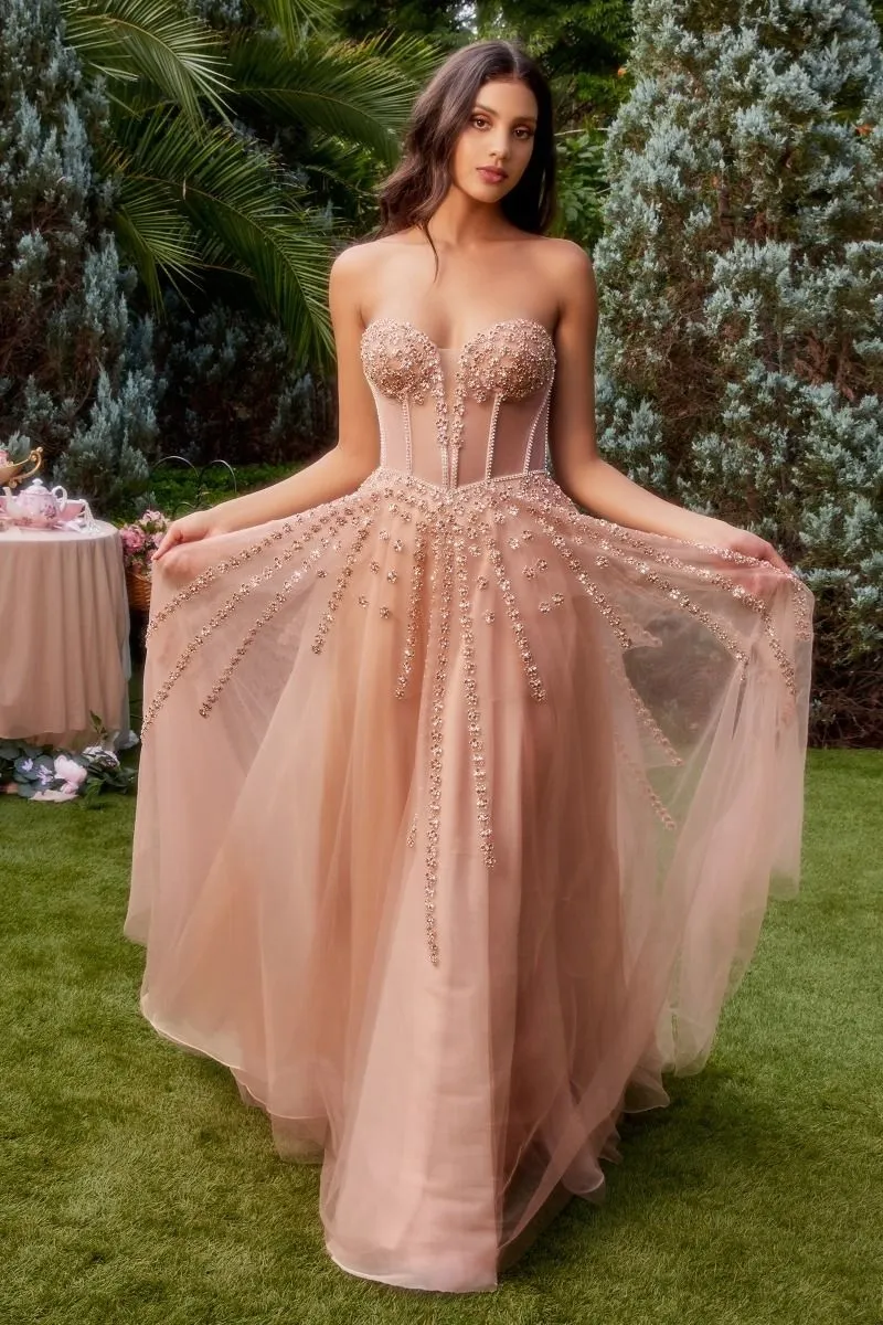 Vestido de Gala color Blush estilo corset con transparencia decorado con pedreria de flores y falda corte A