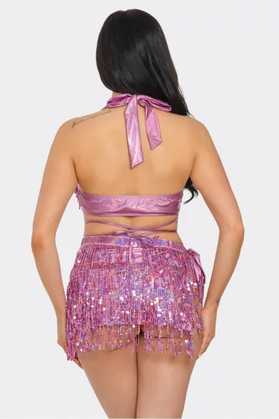 Traje de baile corto de dos piezas y flecos de lentejuelas