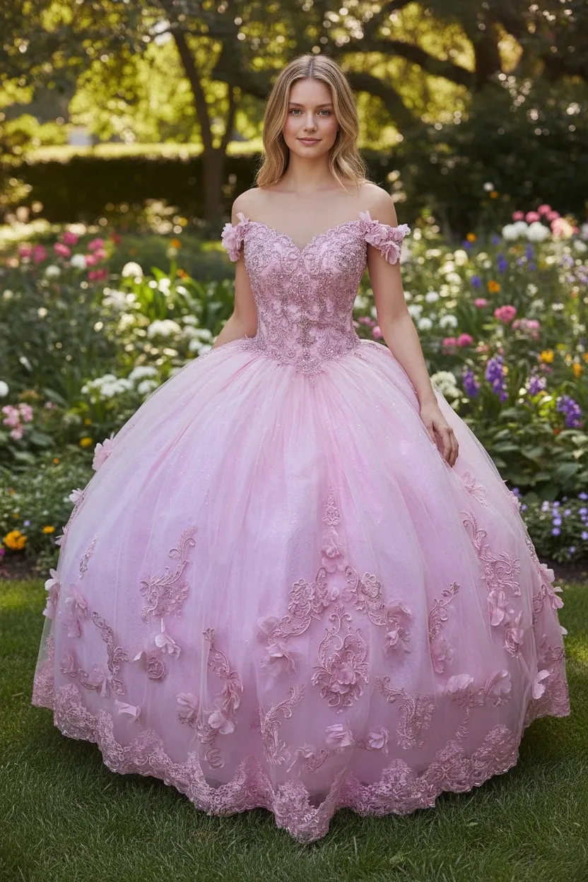 Vestido de 15 años decorado con pedreria en Top, falda corte Princesa decorada con apliques de Flores y Glitter