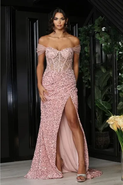 Vestido de Gala Off Shoulder en tela de lentejuelas, estilo corset con transparencia y mangas caidas