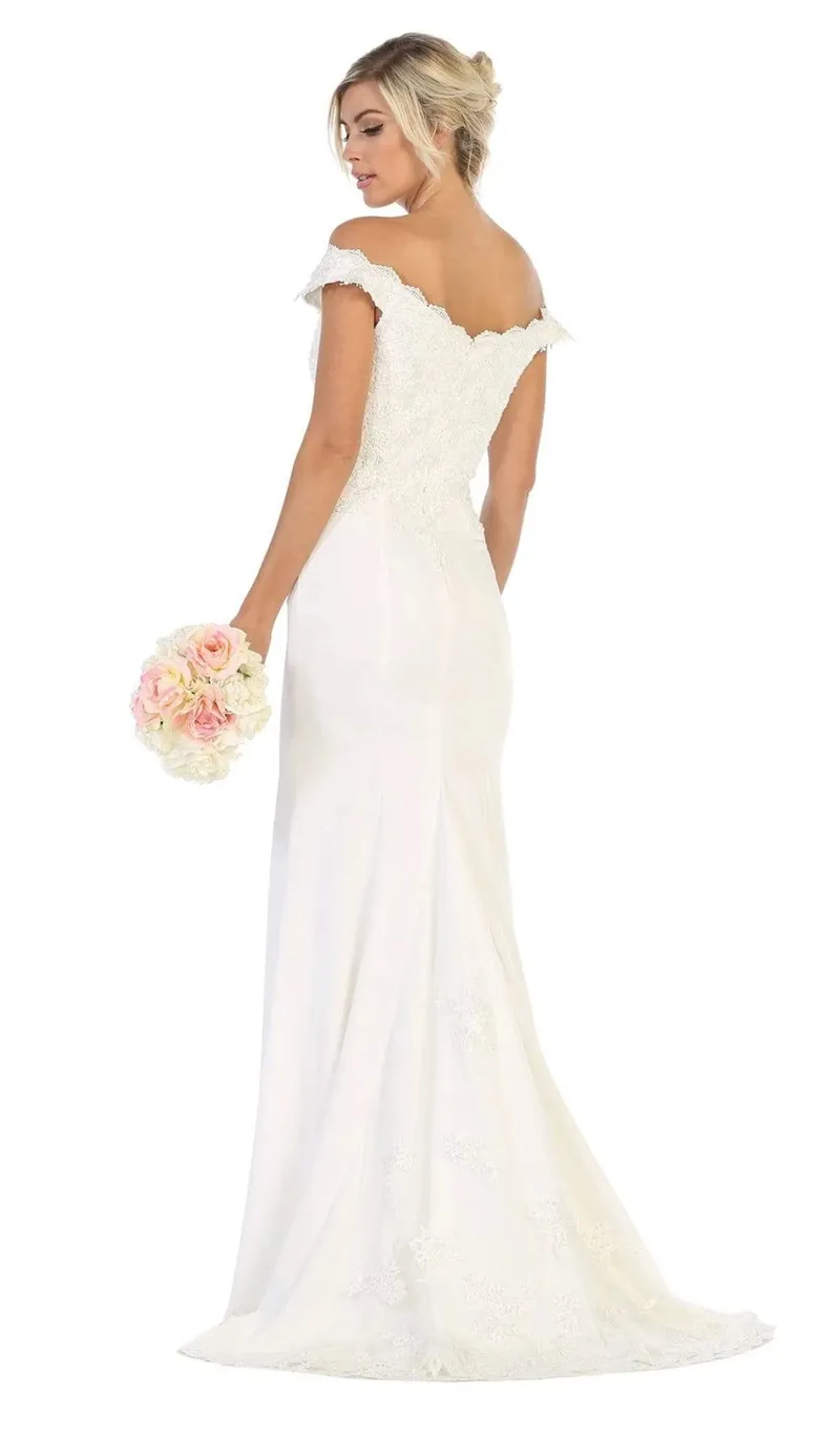 Vestido de Novia Off Shoulder ajustado color Blanco decorado con apliques
