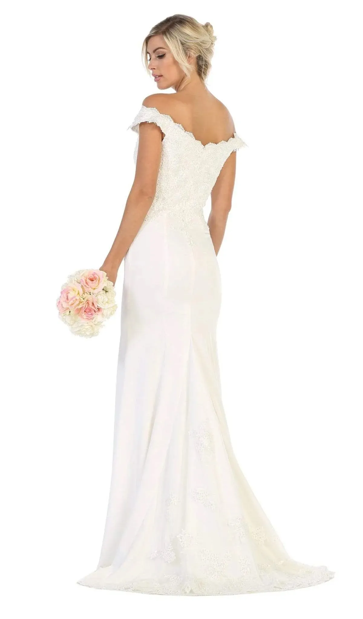 Vestido de Novia Off Shoulder ajustado color Blanco decorado con apliques