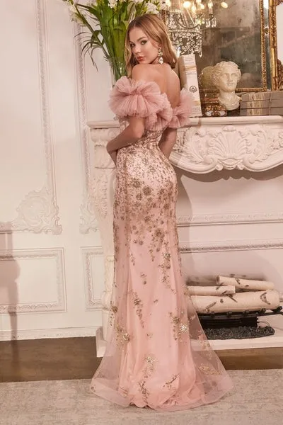 Vestido de Gala Off Shoulder en tela decorada con apliques en Glitter dorados