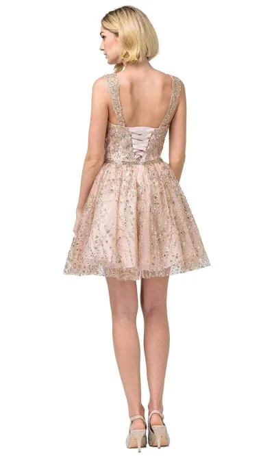Vestido corto de Quinceañera de tiras decorado con apliques de Glitter en top