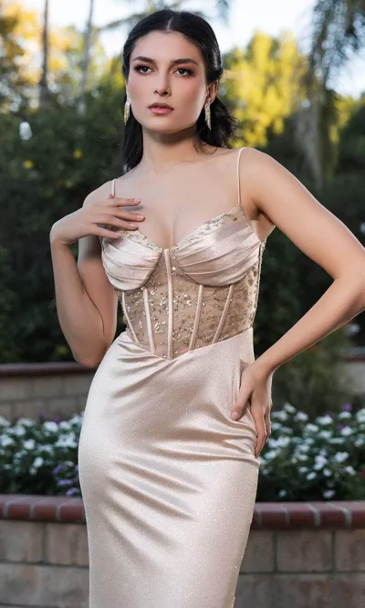 Vestido de Gala de tiras, estilo corset con transparencia decorado con Glitter