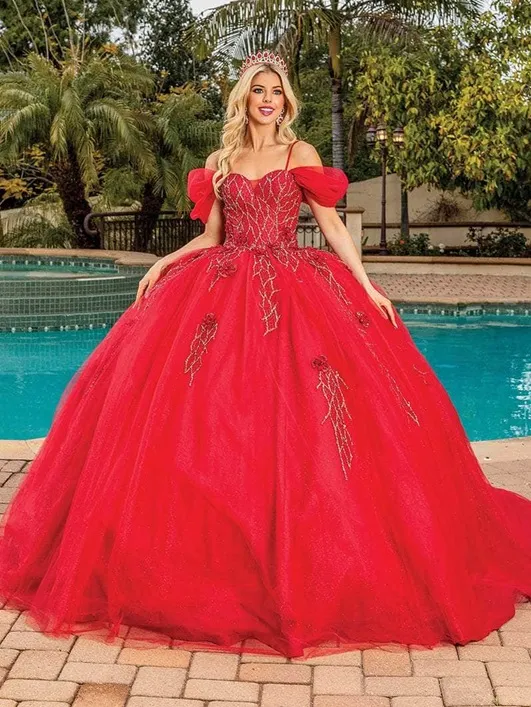 Vestido de 15 años Off Shoulder color Burgundy decorado con apliques de Glitter y falda corte princesa