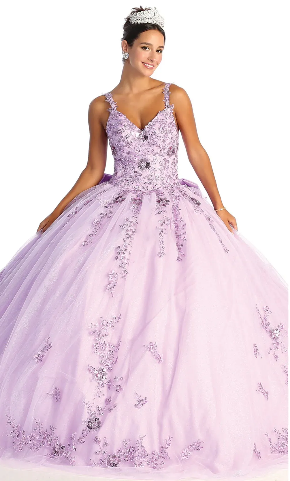 Vestido de 15 años de tiras decorado con apliques y flores en 3D en tela de glitter falda corte princesa