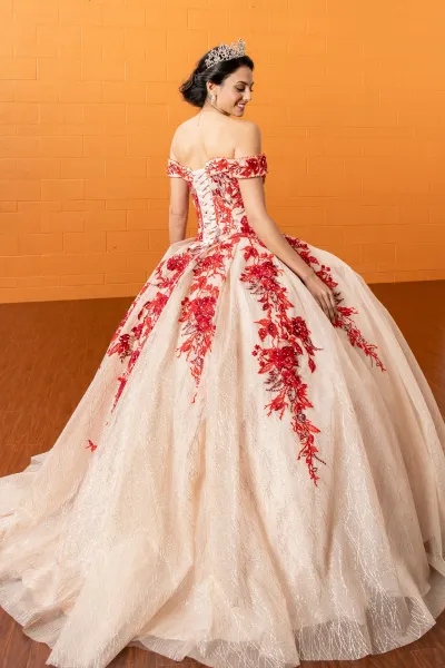 Vestido de 15 años Off Shoulder doble tono con apliques de flores en Top y Falda corte Princesa