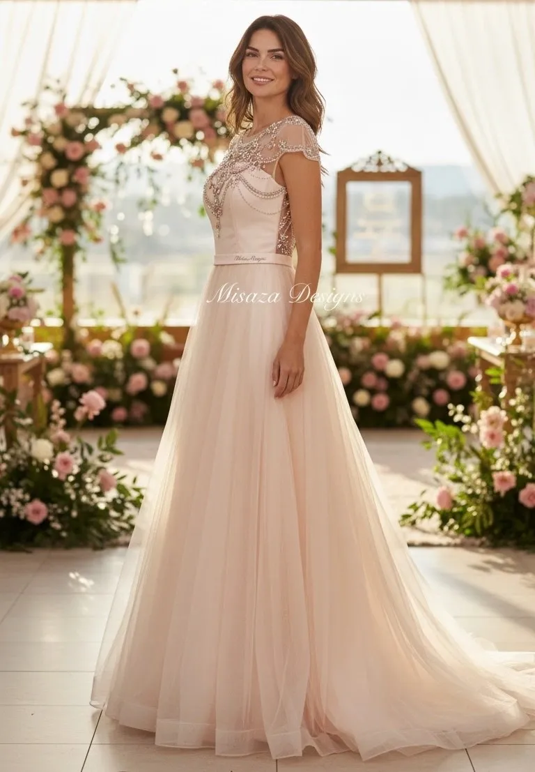 Vestido de Gala color Blush decorado con cristales en Top y falda corte A de Tull