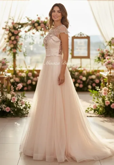 Vestido de Gala color Blush decorado con cristales en Top y falda corte A de Tull