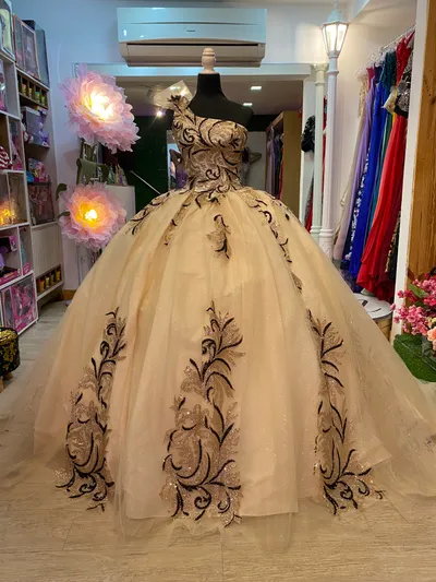 Vestido de 15 años One Shoulder decorado con apliques de Glitter y falda corte Princesa con cola