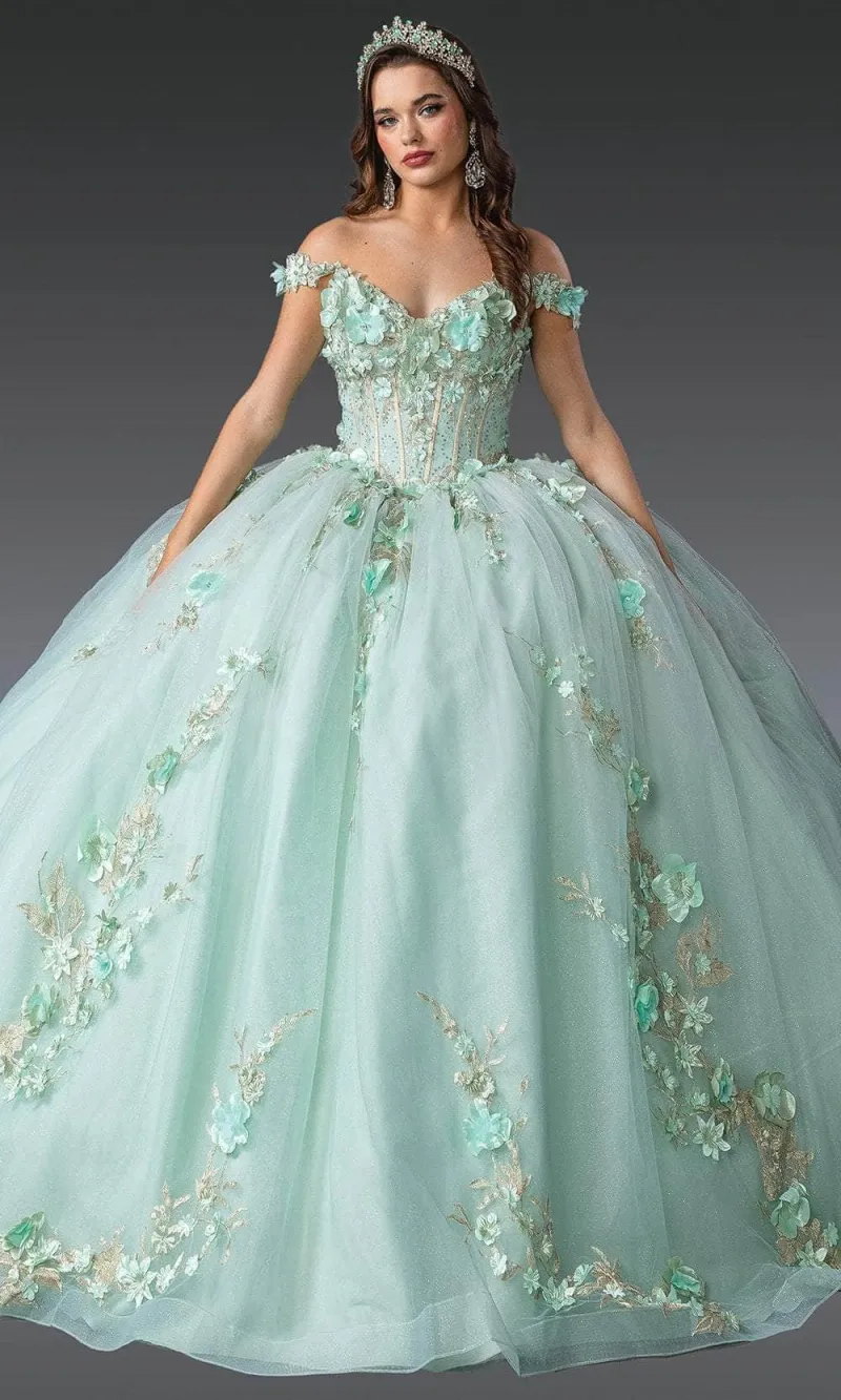 Vestido de 15 años Off Shoulder color Sage estilo corset decorado con apliques de flores y glitter con falda corte princesa