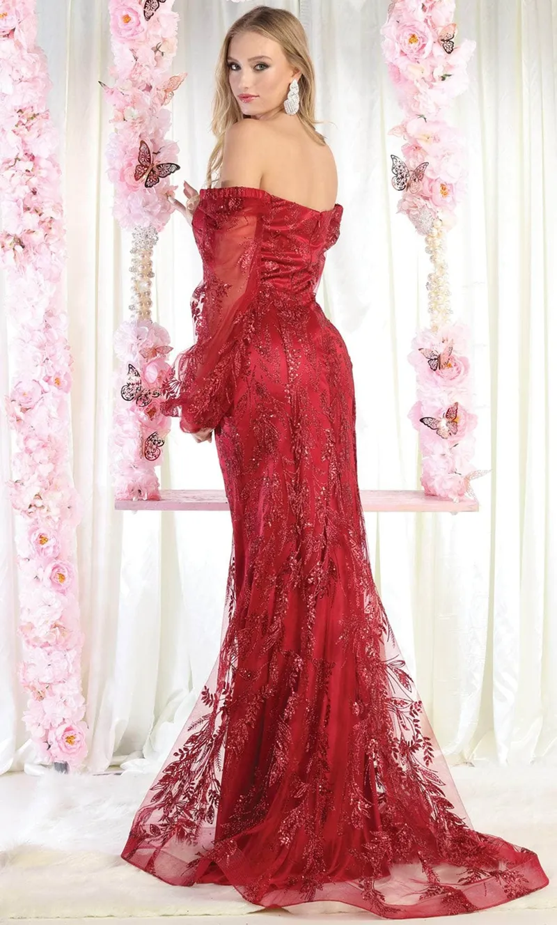 Vestido de Gala Off Shoulder con mangas abullonadas decorado con Glitter y escote en forma de corazon