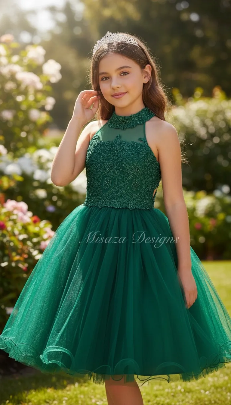 Vestido corto de Quinceañera cuello Halter decorado con pedreria y falda corte A de Tul
