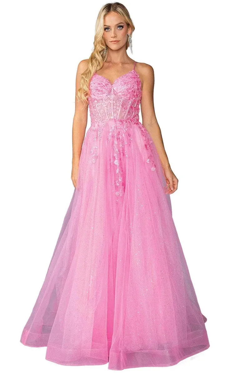 Vestido de gala de tiras color Rosado decorado con apliques de flores y falda corte A