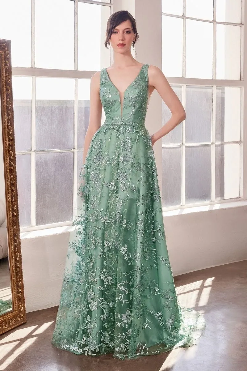 Vestido de Gala escote en V con diseños en Glitter y falda corte A