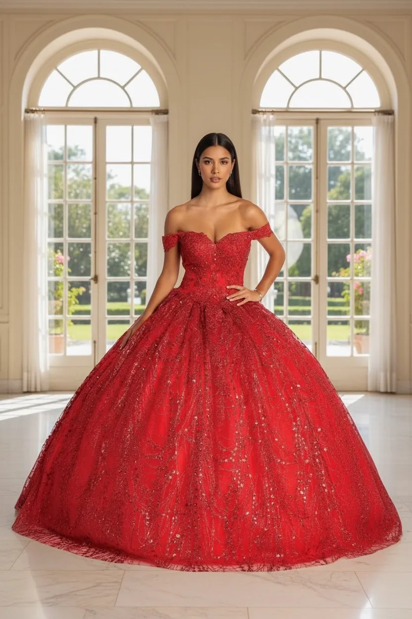 Vestido de 15 años Off Shoulder decorado con apliques en Top y Glitter, falda corte Princesa