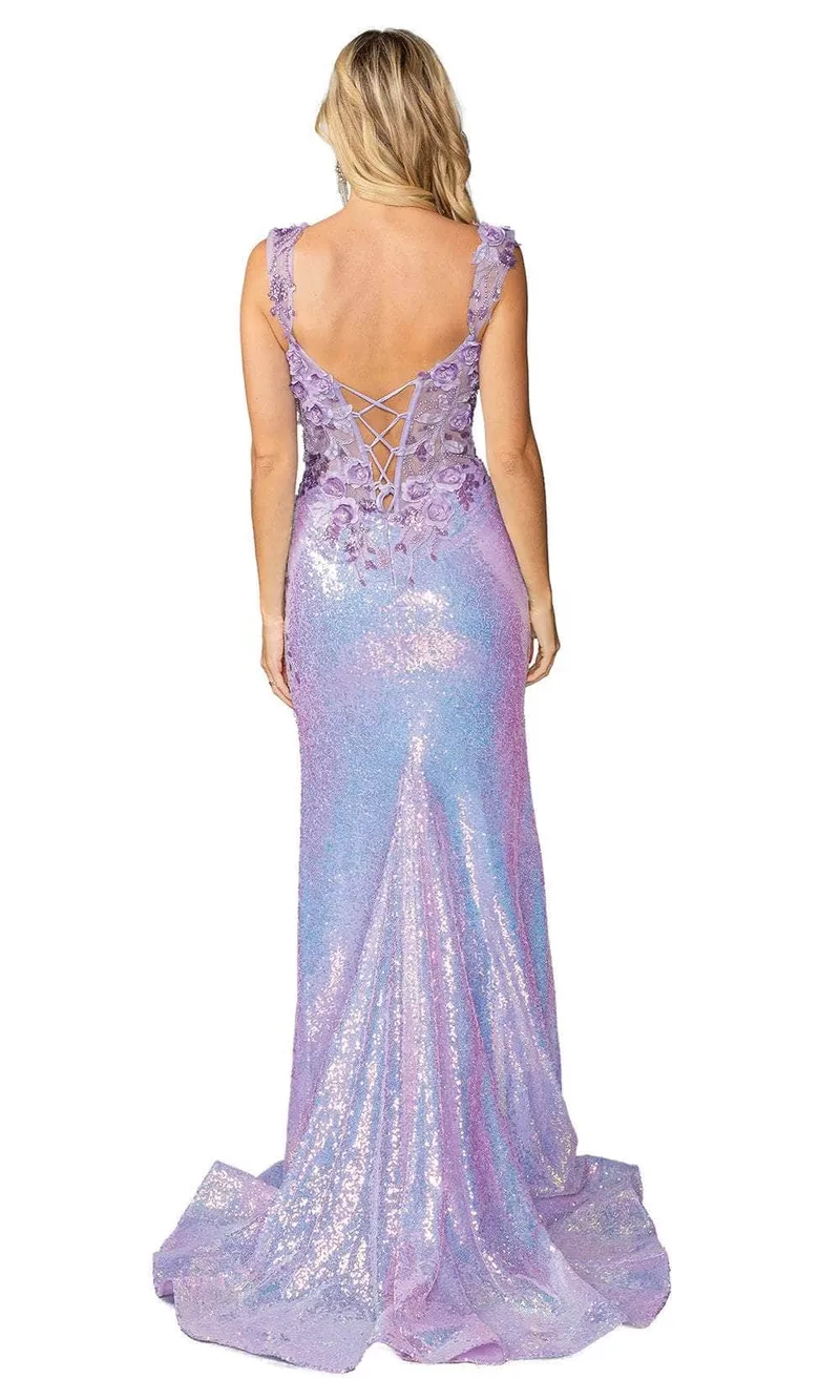 Vestido de gala color Lila decorado con lentejuelas y flores en 3D