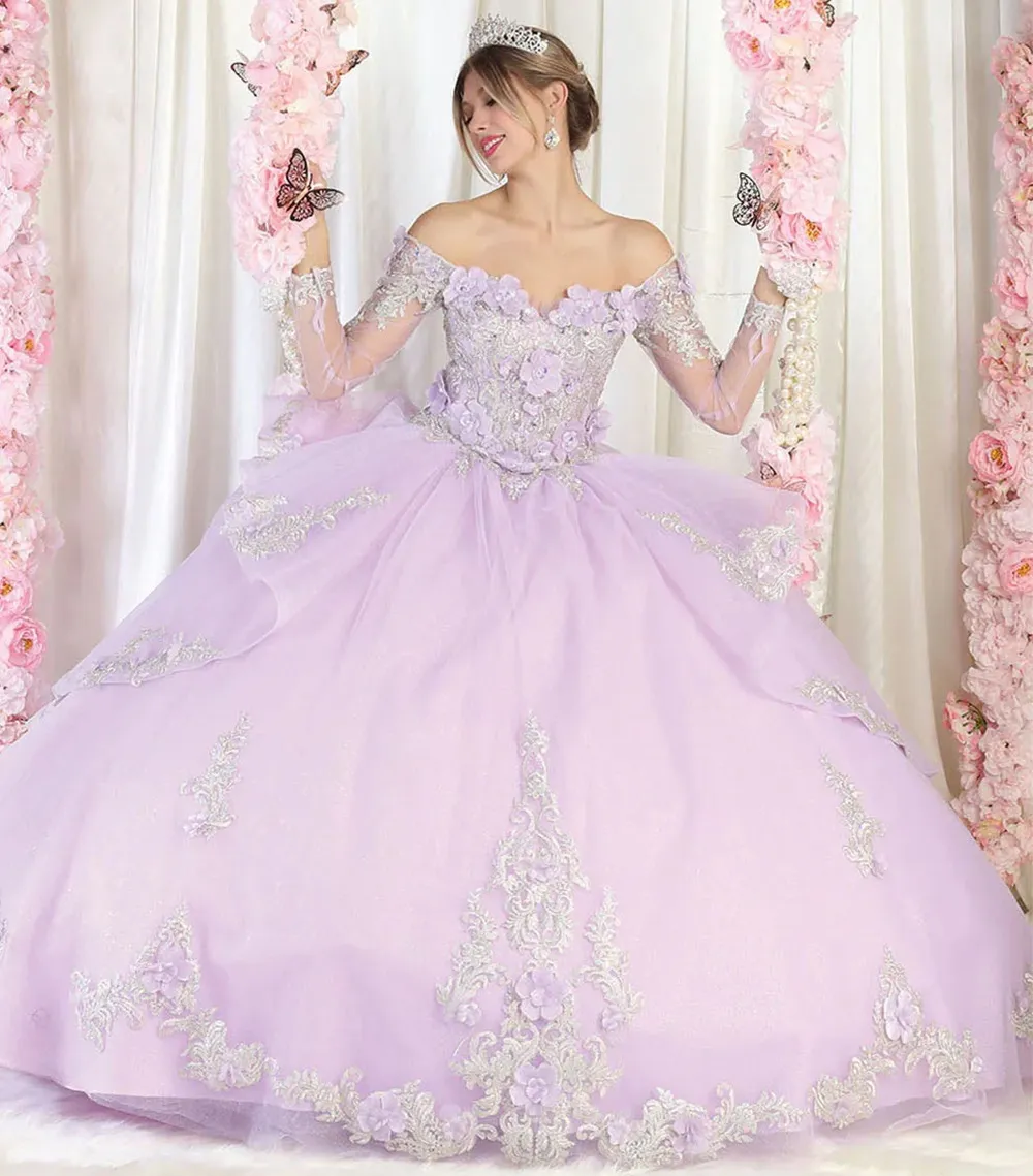Vestido de 15 años Off Shoulder manga larga decorado con apliques y falda corte princesa