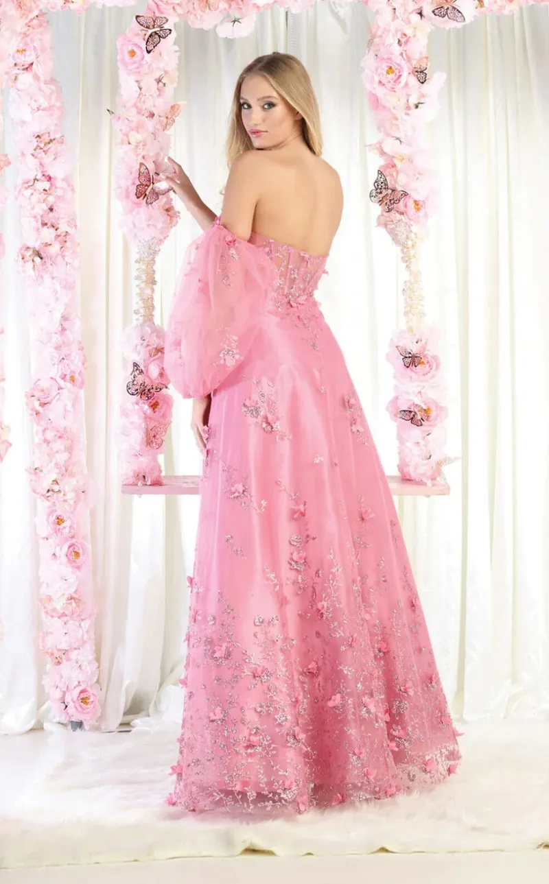 Vestido de Gala color Rosa decorado con Glitter y Flores en 3D falda corte A y mangas abullonadas
