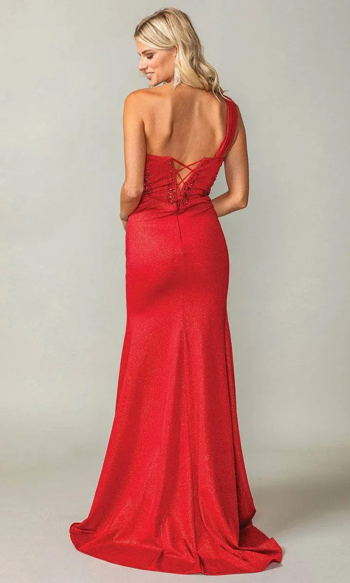 Vestido de Gala one shoulder decorado con pedreria en top con glitter y abertura lateral