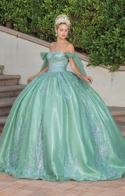 Vestido de 15 años Off Shoulder de mangas caídas decorado con apliques de Glitter y falda corte Princesa