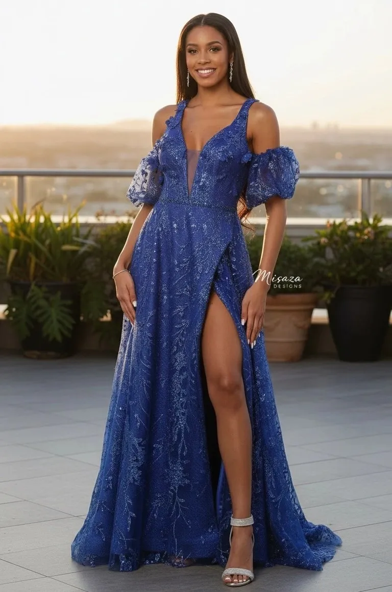 Vestido de gala color Azul Royal semi-transparente decorado con apliques escarchados y corte lateral