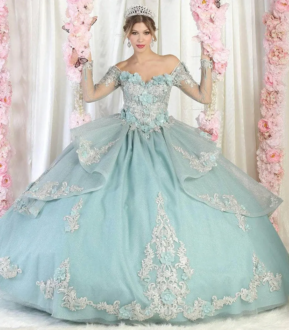 Vestido de 15 años Off Shoulder manga larga decorado con apliques y falda corte princesa
