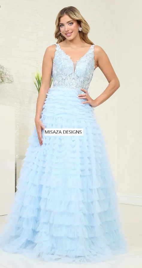 Vestido de Gala cuello en V y falda corte A con volantes en tul