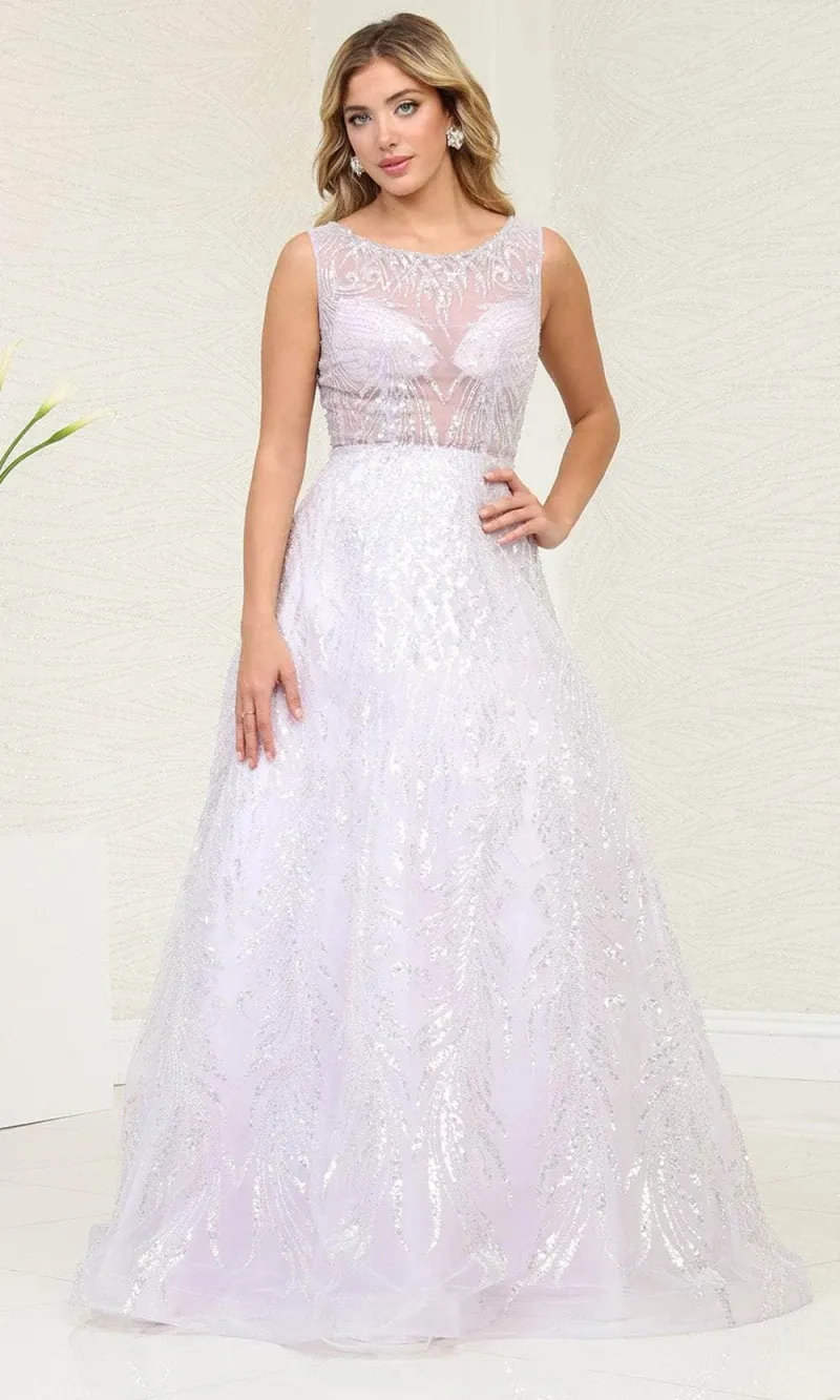Vestido de gala cuello halter en tela decorada en glitter y apliques