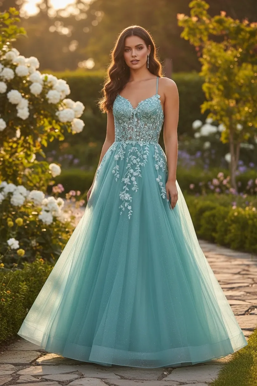 Vestido de gala de tiras estilo corset con transparencia decorado con apliques de flores y falda corte A