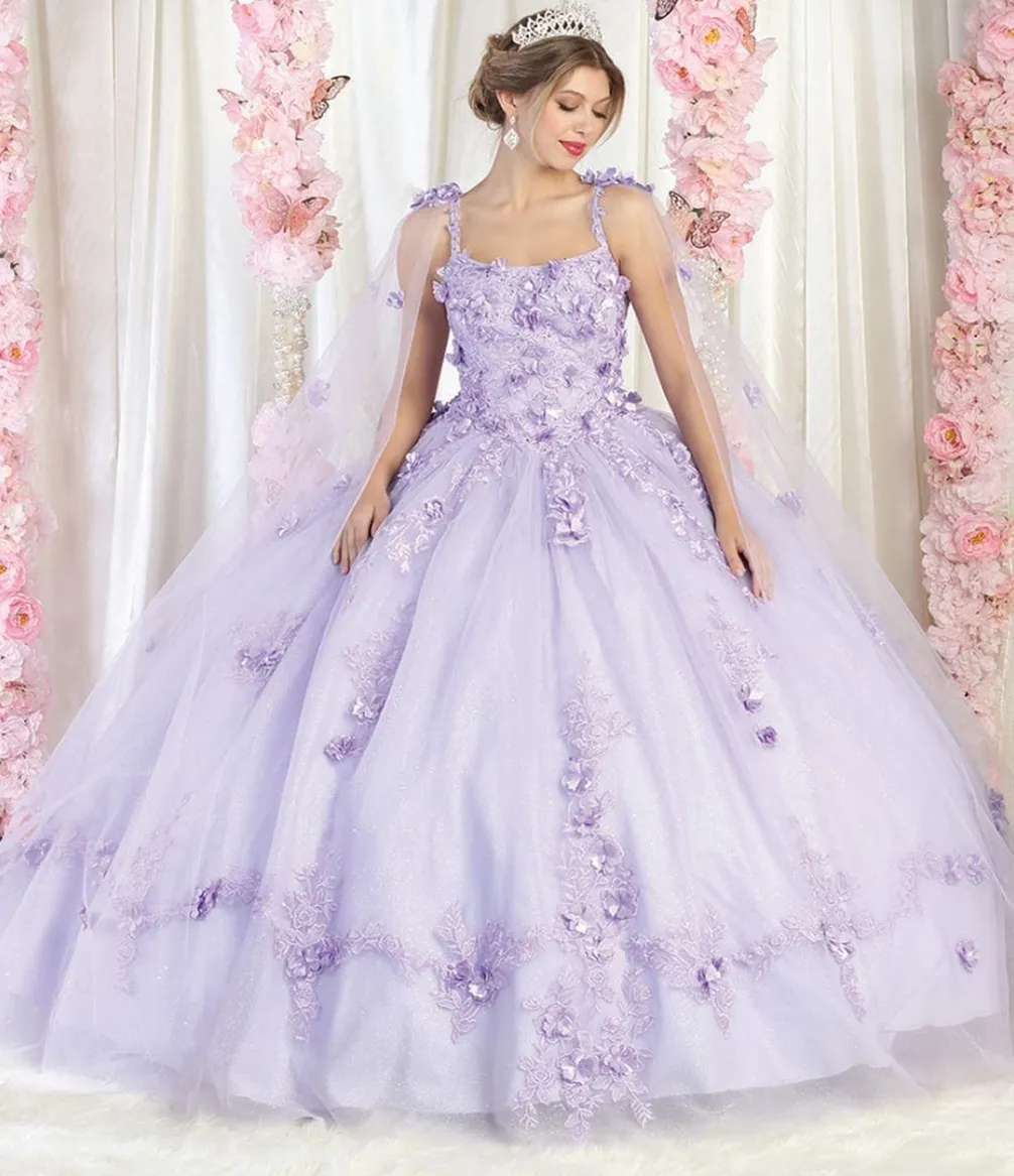 Vestido de 15 años de tiras decorado con apliques y flores en 3D en tela de glitter falda corte princesa