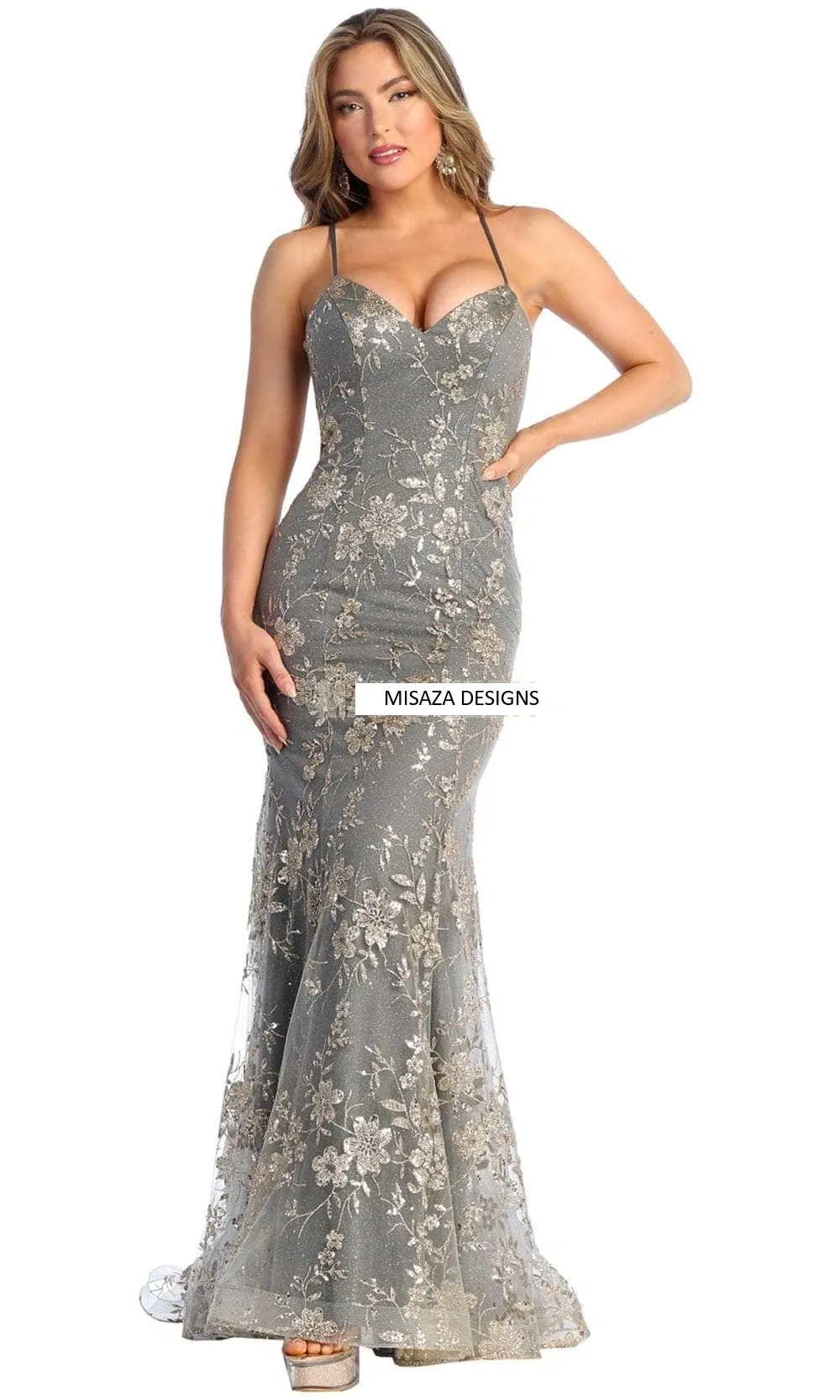 Vestido de Gala con detalles de flores de Glitter dorado y espalda descubierta