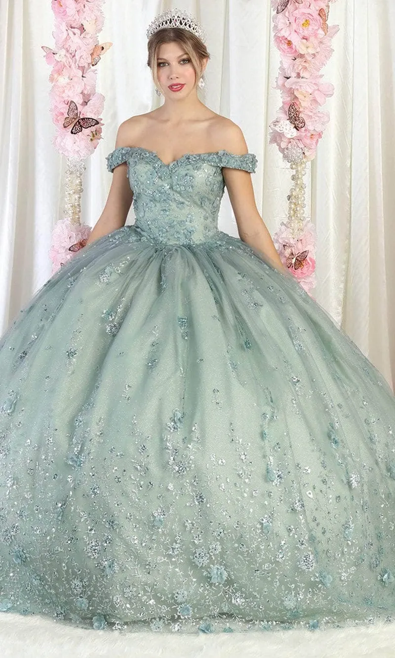 Vestido de 15 años Off Shoulder en tela de glitter  decorado con apliques y decoraciones en glitter falda corte princesa