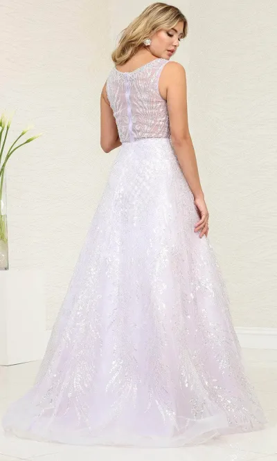 Vestido de gala cuello halter en tela decorada en glitter y apliques