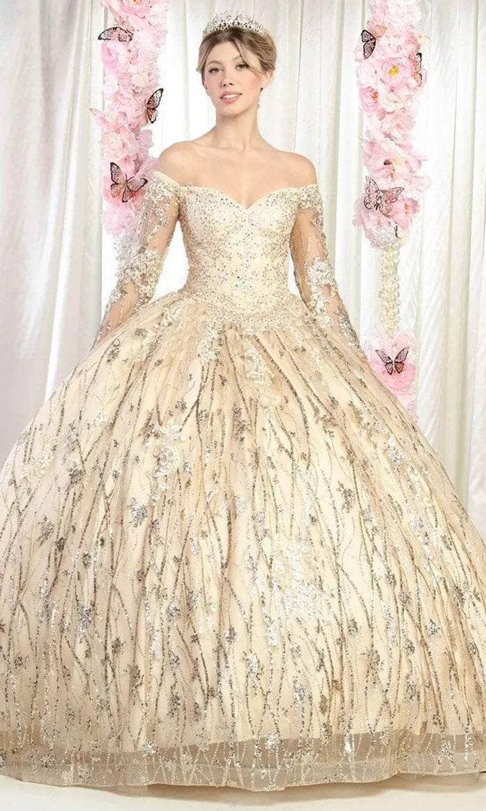 Vestido de 15 años Off Shoulder con manga larga decorado con apliques y decoraciones de glitter falda corte princesa