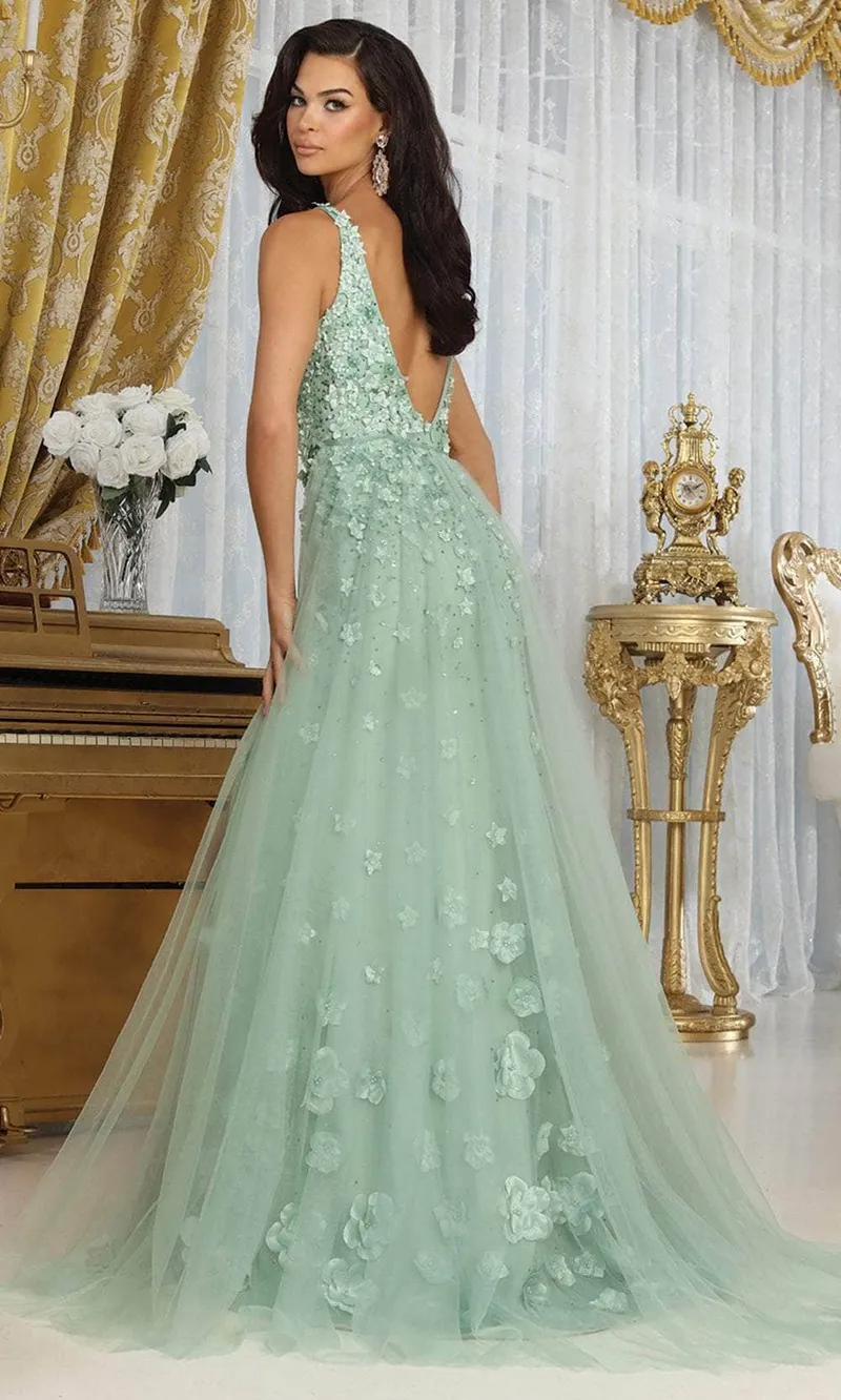 Vestido de Gala decorado con apliques de Flores en 3D y falda corte Sirena con abertura lateral