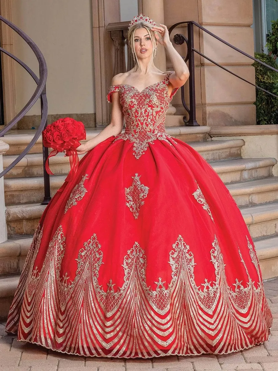 Vestido de 15 años Off Shoulder con decoraciones de Glitter y apliques Dorados en Top