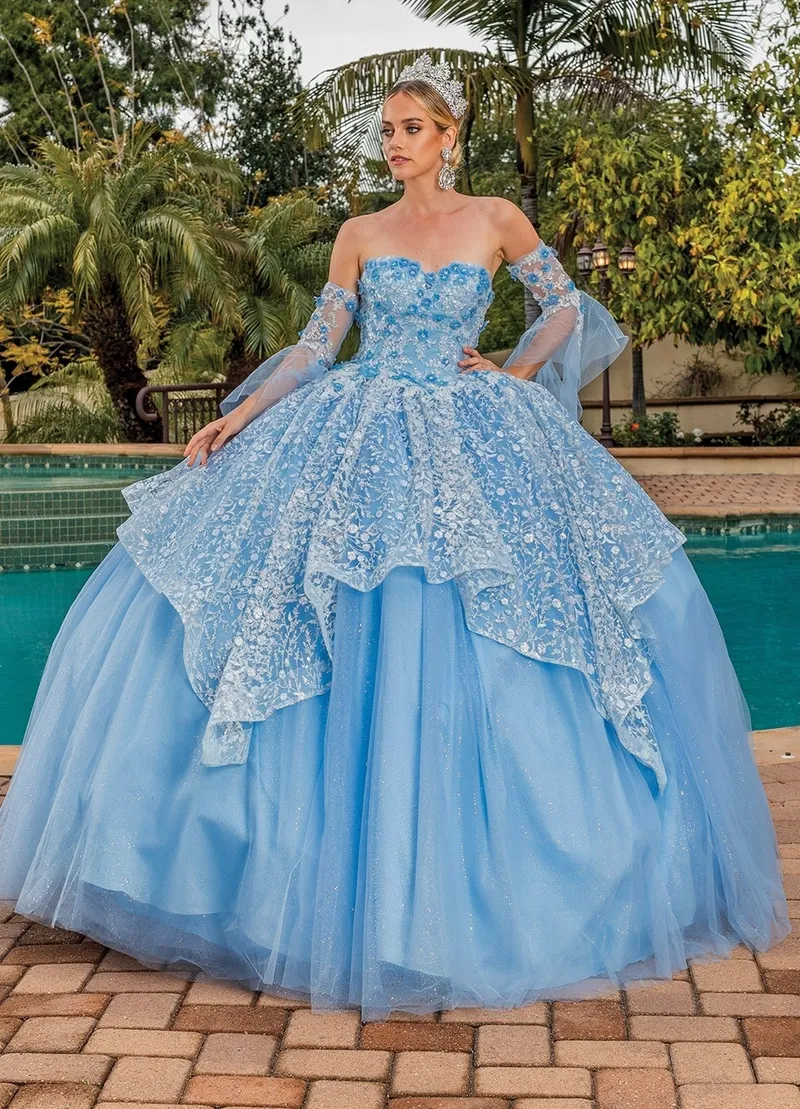 Vestido de 15 años Strapless con mangas tipo guantes, decorado con flores en 3D y falda corte Princesa