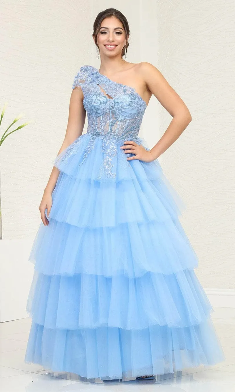 Vestido de Gala color Fucsia One-Shoulder estilo corset decorado con glitter en top y falda de capas larga